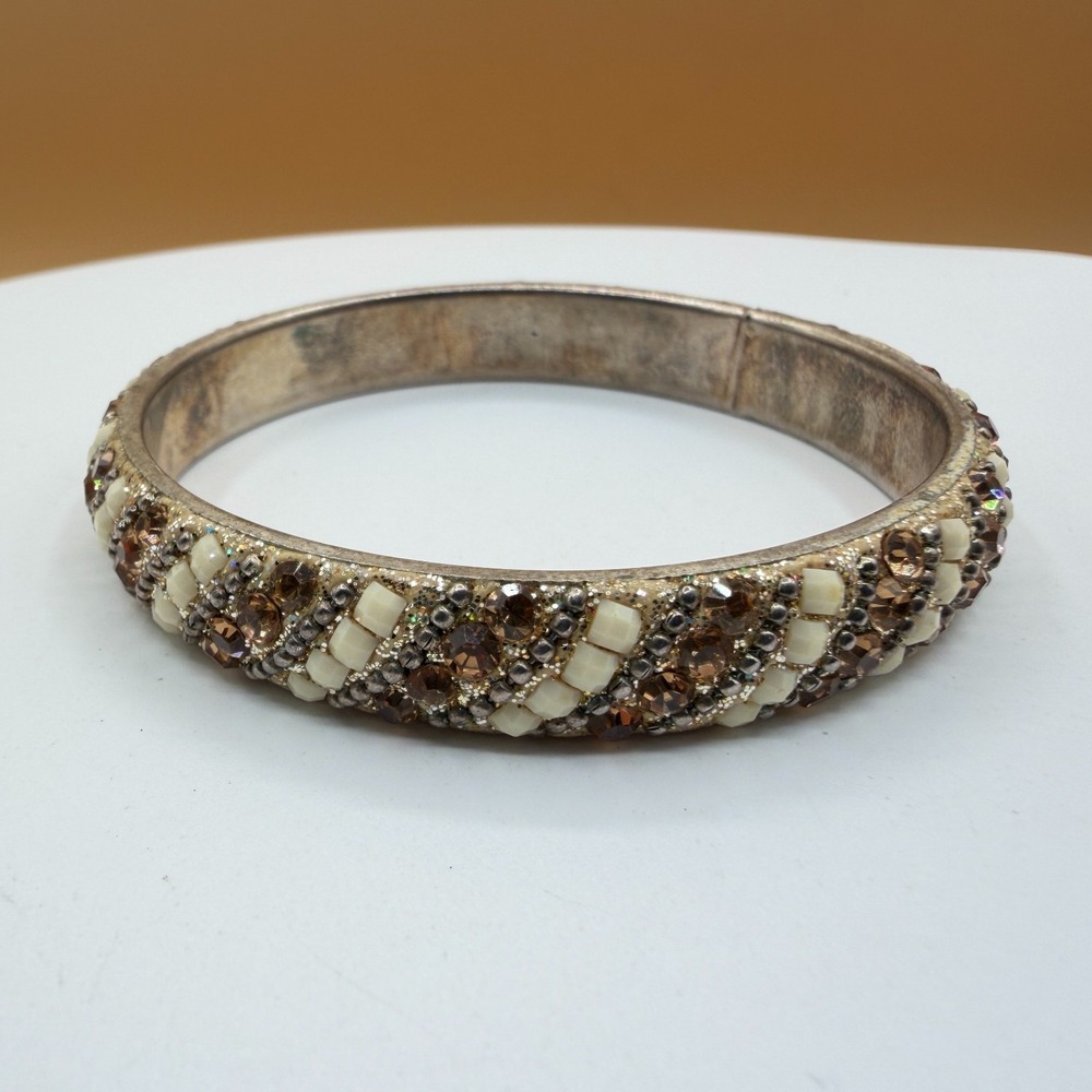 Rhinestone Ivory Beaded Wide Bangle Bracelet Silver Tone Boho Statement Gift